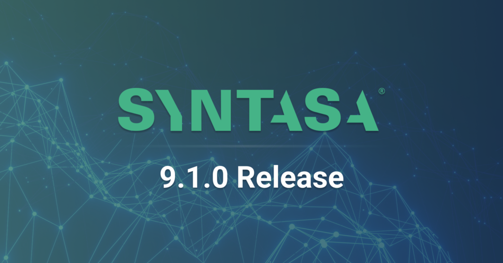 Title card reading “Syntasa — 9.1.0 Release” over a dark blue-green network background.