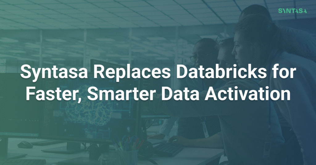 Title card reading “Syntasa Replaces Databricks for Faster, Smarter Data Activation” over a darkened photo of analysts working at monitors in an operations center.